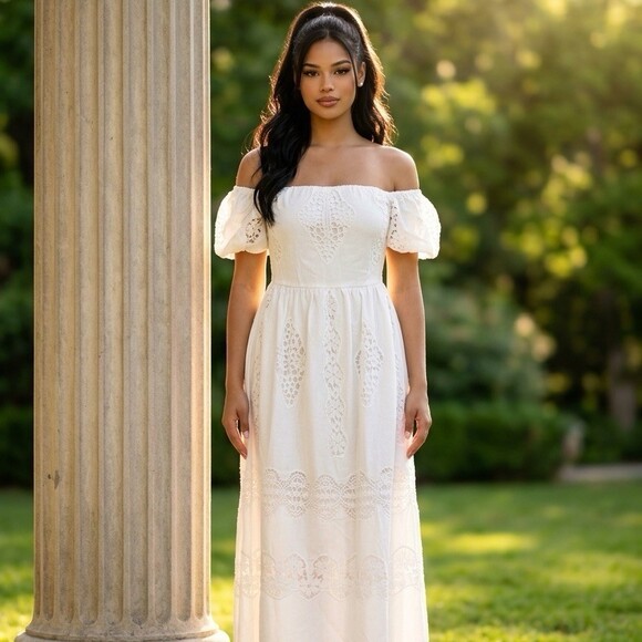 Just Me Dresses & Skirts - Just Me Maxi Dress Womens Size M White Lace Off Shoulder Puff Sleeve Long